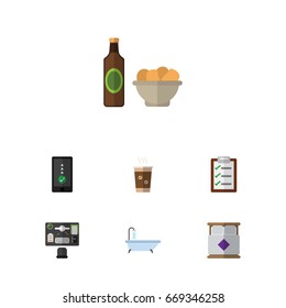Flat Icon Life Set Of Tub, Beer With Chips, Mattress And Other Vector Objects. Also Includes Cappuccino, Chips, Checklist Elements.