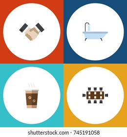 Flat Icon Life Set Of Tub, Partnership, Cappuccino And Other Vector Objects. Also Includes Coffee, Cup, Bath Elements.