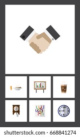 Flat Icon Life Set Of Watch, Partnership, Cappuccino And Other Vector Objects. Also Includes Cup, Drink, Coffee Elements.
