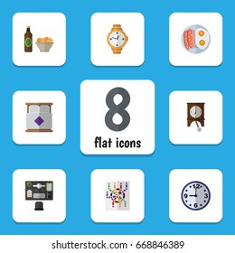 Flat Icon Life Set Of Watch, Bureau, Beer With Chips And Other Vector Objects. Also Includes Desk, Chips, Egg Elements.