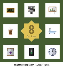Flat Icon Life Set Of Watch, Cellphone, Cappuccino And Other Vector Objects. Also Includes Presentation, Bath, Telephone Elements.