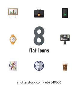 Flat Icon Life Set Of Watch, Cellphone, Briefcase And Other Vector Objects. Also Includes Suitcase, Map, Office Elements.