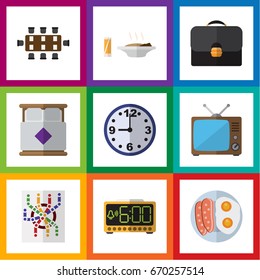 Flat Icon Life Set Of Watch, Television, Electric Alarm And Other Vector Objects. Also Includes Tv, Egg, Mattress Elements.