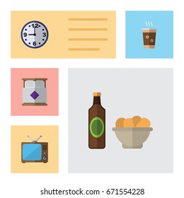 Flat Icon Life Set Of Watch, Mattress, Beer With Chips And Other Vector Objects. Also Includes Broadcast, Coffee, Beer Elements.