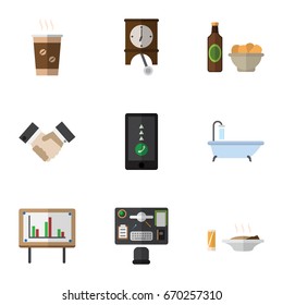 Flat Icon Life Set Of Whiteboard, Tub, Lunch And Other Vector Objects. Also Includes Smartphone, Clock, Coffee Elements.