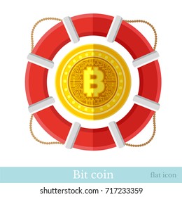 Flat icon with lifebuoy with bit coin in center. Mining bit coin business illustration isolated on white