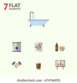 Flat Icon Lifestyle Set Of Beer With Chips, Cappuccino, Whiteboard And Other Vector Objects. Also Includes Whiteboard, Subway, Presentation Elements.