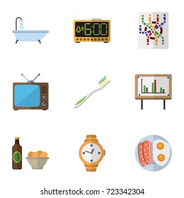 Flat Icon Lifestyle Set Of Beer With Chips, Tub, Timer And Other Vector Objects. Also Includes Alarm, Snack, Clock Elements.