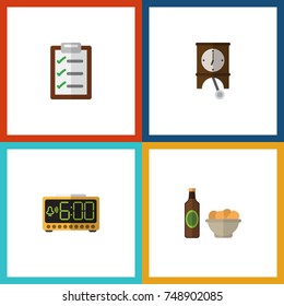 Flat Icon Lifestyle Set Of Beer With Chips, Electric Alarm, Questionnaire And Other Vector Objects. Also Includes Checklist, Clock, Time Elements.