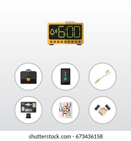 Flat Icon Lifestyle Set Of Bureau, Electric Alarm, Partnership And Other Vector Objects. Also Includes Cellphone, Telephone, Handshake Elements.