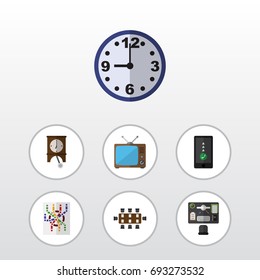 Flat Icon Lifestyle Set Of Bureau, Watch, Television And Other Vector Objects. Also Includes Clock, Subway, Time Elements.