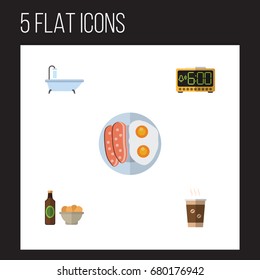 Flat Icon Lifestyle Set Of Cappuccino, Tub, Beer With Chips And Other Vector Objects. Also Includes Coffee, Alarm, Beer Elements.