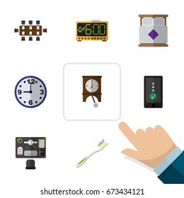 Flat Icon Lifestyle Set Of Clock, Electric Alarm, Watch And Other Vector Objects. Also Includes Toothbrush, Dental, Telephone Elements.