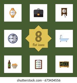 Flat Icon Lifestyle Set Of Clock, Electric Alarm, Questionnaire And Other Vector Objects. Also Includes Bath, Snack, Alarm Elements.