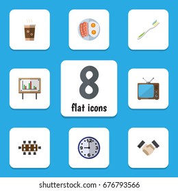 Flat Icon Lifestyle Set Of Fried Egg, Dental, Watch And Other Vector Objects. Also Includes Handshake, Conference, Time Elements.