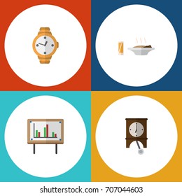 Flat Icon Lifestyle Set Of Lunch, Timer, Clock And Other Vector Objects. Also Includes Presentation, Wristwatch, Lunch Elements.