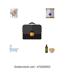 Flat Icon Lifestyle Set Of Mattress, Beer With Chips, Tub And Other Vector Objects. Also Includes Router, Map, Bedroom Elements.