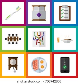 Flat Icon Lifestyle Set Of Questionnaire, Lunch, Clock And Other Vector Objects. Also Includes Egg, Bedroom, Lunch Elements.