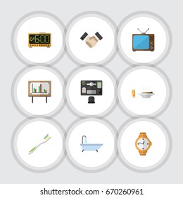 Flat Icon Lifestyle Set Of Television, Partnership, Lunch And Other Vector Objects. Also Includes Chart, Handshake, Greeting Elements.