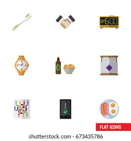 Flat Icon Lifestyle Set Of Timer, Fried Egg, Beer With Chips And Other Vector Objects. Also Includes Alarm, Toothbrush, Electric Elements.