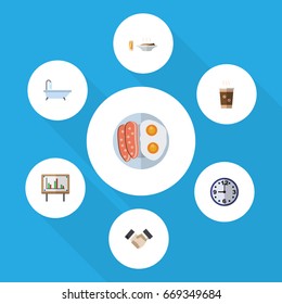 Flat Icon Lifestyle Set Of Tub, Partnership, Watch And Other Vector Objects. Also Includes Drink, Tub, Coffee Elements.