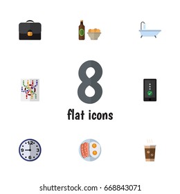 Flat Icon Lifestyle Set Of Watch, Tub, Briefcase And Other Vector Objects. Also Includes Suitcase, Snack, Egg Elements.