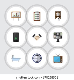 Flat Icon Lifestyle Set Of Whiteboard, Bureau, Cellphone And Other Vector Objects. Also Includes Form, Cellphone, Pendulum Elements.