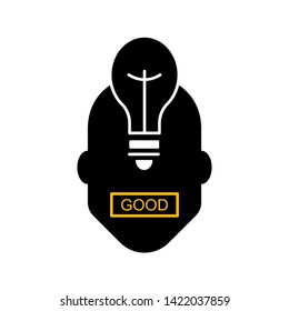 Flat icon of light bulb and human head. Idea sign, solution, concept of thinking. Electric lamp.Electricity. Trendy flat style for graphic design. Website, user interface. Vector.