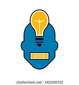 Flat icon of light bulb and human head. Idea sign, solution, concept of thinking. Electric lamp.Electricity. Trendy flat style for graphic design. Website, user interface. Vector.The idea is accepted