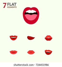 Flat Icon Lips Set Of Kiss, Tongue, Smile And Other Vector Objects. Also Includes Makeup, Teeth, Laugh Elements.