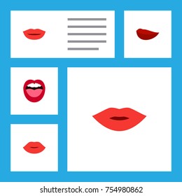 Flat Icon Lips Set Of Kiss, Tongue, Lips And Other Vector Objects. Also Includes Rouge, Makeup, Pomade Elements.
