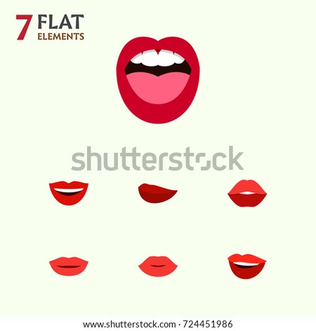 Flat Icon Lips Set Of Kiss, Tongue, Smile And Other Vector Objects. Also Includes Makeup, Teeth, Laugh Elements.