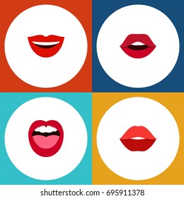 Flat Icon Lips Set Of Mouth, Tongue, Teeth And Other Vector Objects. Also Includes Rouge, Lips, Mouth Elements.