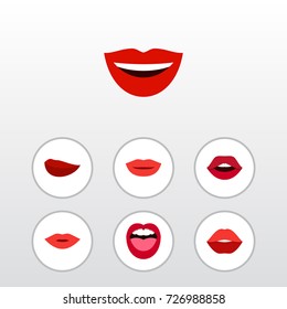 Flat Icon Lips Set Of Smile, Teeth, Lipstick And Other Vector Objects. Also Includes Kiss, Tongue, Pomade Elements.