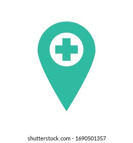 Flat icon location with cross isolated on white background. Hospital pin. Vector illustration.