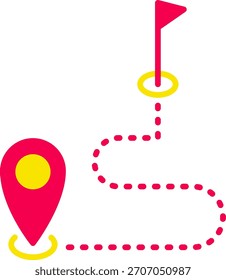 Ícone plano de um pin de local com um sinalizador e um caminho de rota pontilhado, marcando um destino de viagem sinalizado.