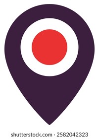 Flat icon of location pin with red circle isolated on white background.