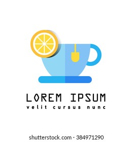 Flat icon or logo of cup of tea with slice of lemon. Tea party