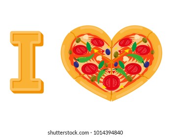 Flat icon logo element big hot fragrant appetizing italian pizza which is in the form of the heart Vector modern style illustration cartoon design isolated white background food I love pizza concept