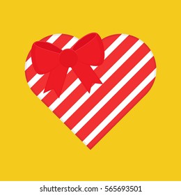 Flat icon love gift with red bow isolated on yellow background. Romance. Valentine's day. Vector illustration.