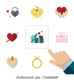 Flat Icon Love Set Of Heart, Key, Gift And Other Vector Objects. Also Includes Lock, Ribbon, Patisserie Elements.