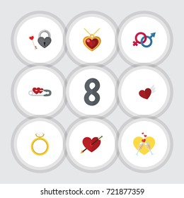 Flat Icon Love Set Of Necklace, Heart, Key And Other Vector Objects. Also Includes Wineglasses, Love, Sexuality Elements.