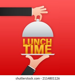 Icono plano con la hora de la comida y la mano con la bandeja sobre fondo blanco para el diseño de la cubierta. Icono del vector.