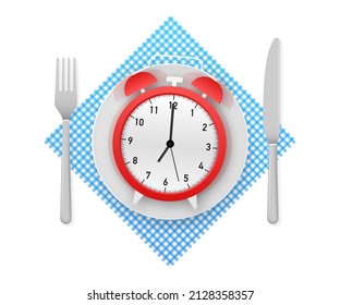 Flat icon with lunch time and hand with tray on white background for cover design.