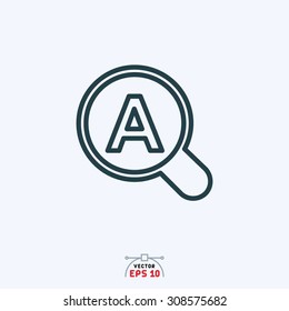 Flat icon of A in magnifying glass.