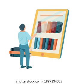 Flat icon with male student choosing books in online library on tablet vector illustration