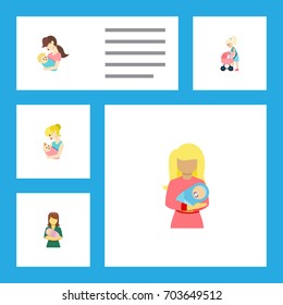 Flat Icon Mam Set Of Child, Kid, Woman And Other Vector Objects. Also Includes Perambulator, Mother, Newborn Elements.