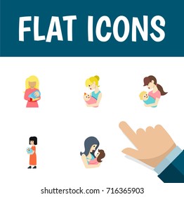Flat Icon Mam Set Of Child, Kid, Newborn Baby And Other Vector Objects. Also Includes Mother, Newborn, Child Elements.