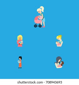 Flat Icon Mam Set Of Mother, Newborn Baby, Parent And Other Vector Objects. Also Includes Parent, Kid, Woman Elements.