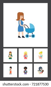 Flat Icon Mam Set Of Parent, Woman, Kid And Other Vector Objects. Also Includes Newborn, Baby, Mother Elements.